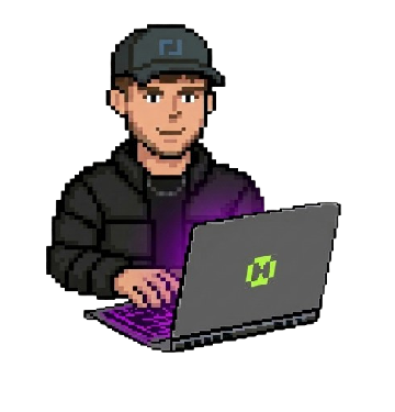 Pixel art of Ben at a laptop